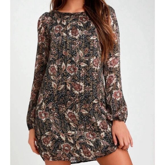 LULUS Ashford Dark Floral Print Long Sleeve Shift Dress Size Small - Picture 1 of 7